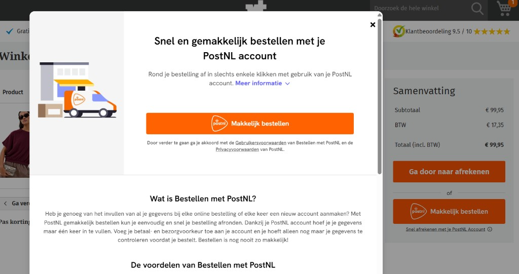 Bestellen met PostNL modal voorbeeld
